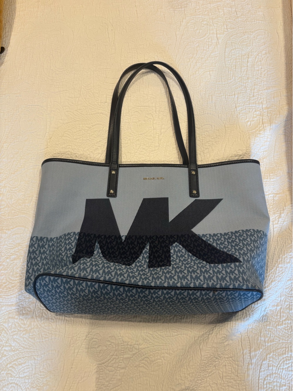 Michael Kors Light Blue Tote with Black MK Logo and Black Handles